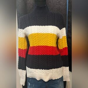 1901 Off-the-Shoulder Sweater in Black, Red, Yellow, and Cream